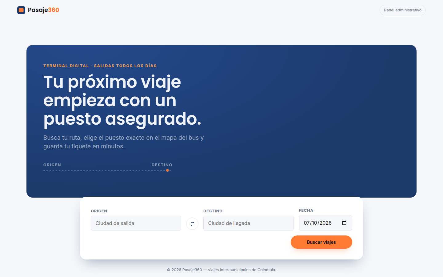 Buscador público de Pasaje360 mostrando origen, destino y fecha de viaje
